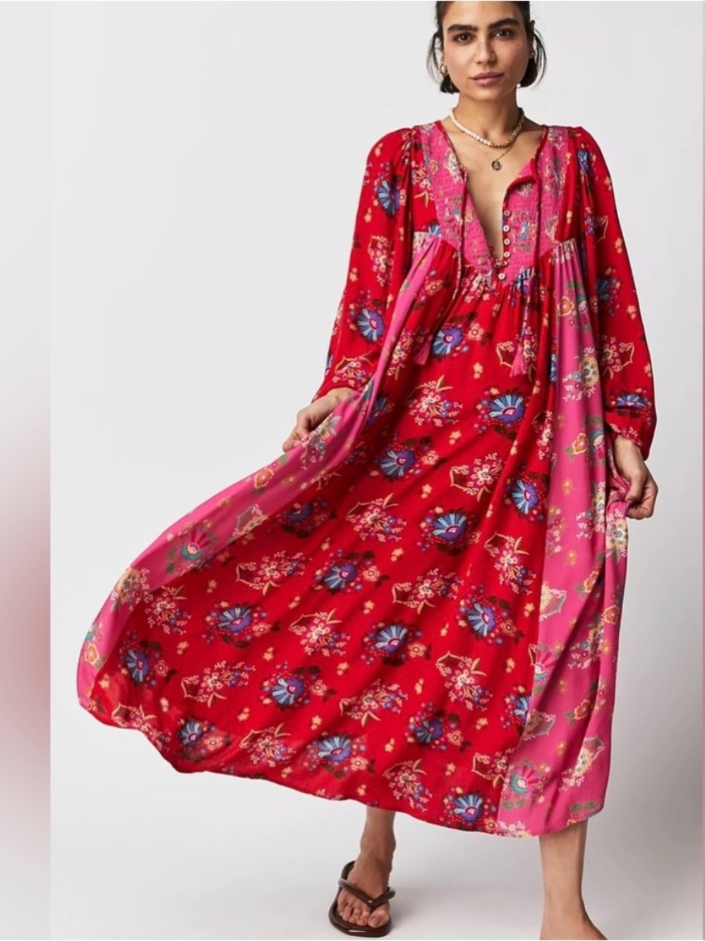 Spell Red & Pink Floral Midi Dress | Size Small - Picture 3 of 12